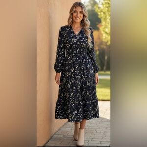 NWT Heart + Soul Willow Lane Floral Long Sleeve V-Neck Midi Dress Size Medium